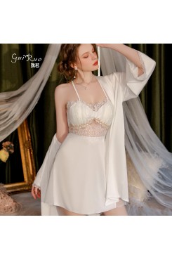 Guiruo Pure Desire V-neck Hollow Satin Lace Mesh Perspective and Chest Cushion Sleeping Skirt, Outer Robe, Home Suit Set 3124